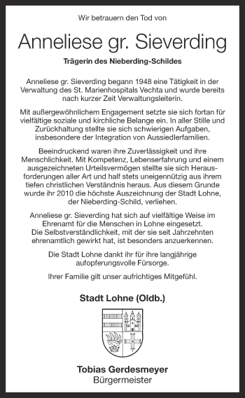 Anzeige von Anneliese Sieverding von OM-Medien