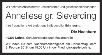 Anzeige von Anneliese Sieverding von OM-Medien