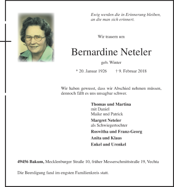Anzeige von Bernardine Neteler von OM-Medien