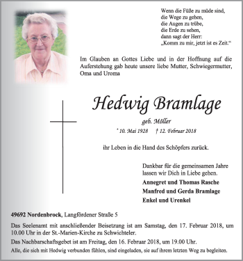 Anzeige von Hedwig Bramlage von OM-Medien