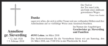 Anzeige von Anneliese Sieverding von OM-Medien