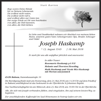Anzeige von Joseph Haskamp von OM-Medien