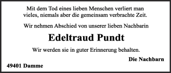 Anzeige von Edeltraud Pundt von OM-Medien