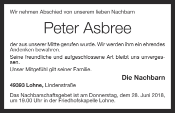 Anzeige von Peter Asbree von OM-Medien