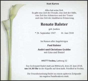 Anzeige von Renate Balster von OM-Medien