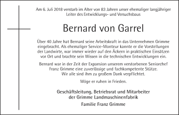 Anzeige von Bernard von Garrel von OM-Medien
