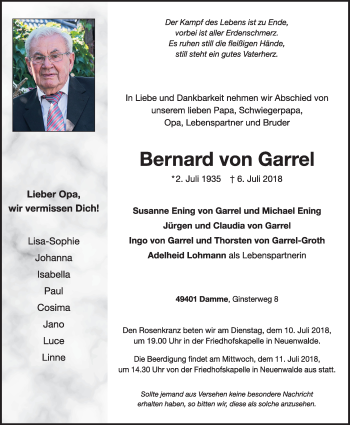 Anzeige von Bernard von Garrel von OM-Medien