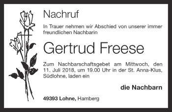 Anzeige von Gertrud Freese von OM-Medien