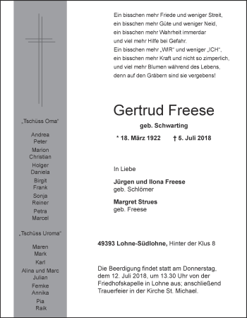 Anzeige von Gertrud Freese von OM-Medien