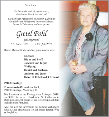 Anzeige von Gretel Pohl von OM-Medien