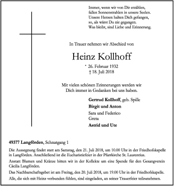 Anzeige von Heinz Kollhoff von OM-Medien