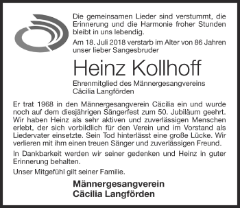 Anzeige von Heinz Kollhoff von OM-Medien