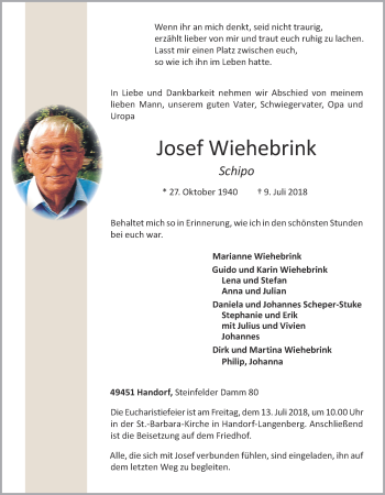 Anzeige von Josef Wiehebrink von OM-Medien