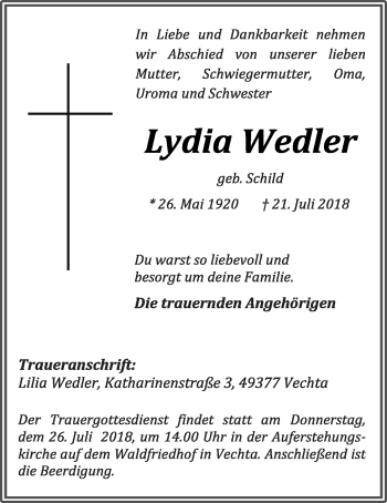 Anzeige von Lydia Wedler von OM-Medien