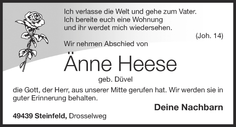  Traueranzeige für Änne Heese vom 24.07.2018 aus OM-Medien