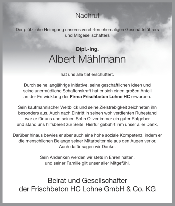 Anzeige von Albert Mählmann von OM-Medien