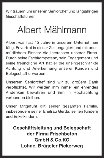 Anzeige von Albert Mählmann von OM-Medien