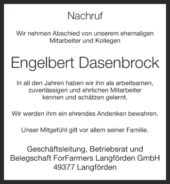 Anzeige von Engelbert Dasenbrock von OM-Medien