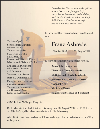 Anzeige von Franz Asbrede von OM-Medien