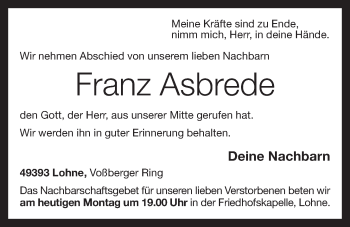 Anzeige von Franz Asbrede von OM-Medien