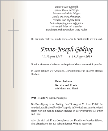 Anzeige von Franz-Joseph Gäking von OM-Medien
