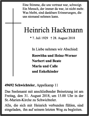 Anzeige von Heinrich Hackmann von OM-Medien