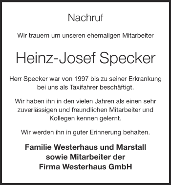 Anzeige von Heinz-Josef Specker von OM-Medien