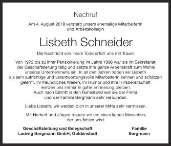 Anzeige von Lisbeth Schneider von OM-Medien