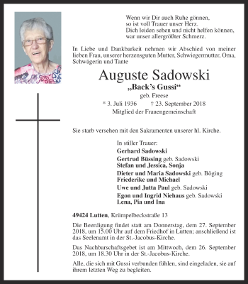 Anzeige von Auguste Sadowski von OM-Medien