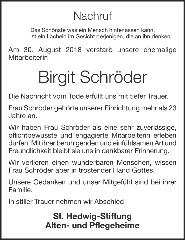 Traueranzeige für Birgit Schröder vom 06.09.2018 aus OM-Medien