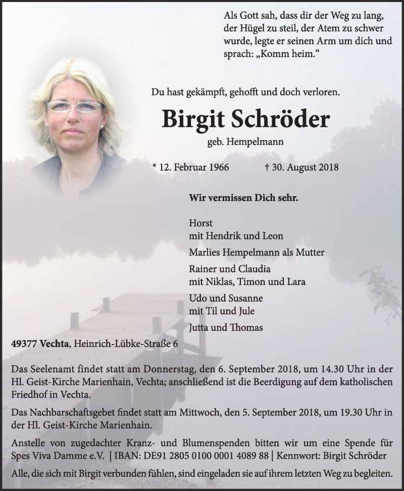  Traueranzeige für Birgit Schröder vom 01.09.2018 aus OM-Medien