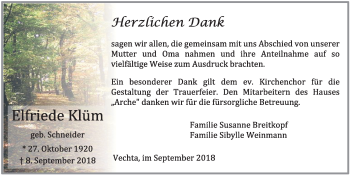 Anzeige von Elfriede Klüm von OM-Medien