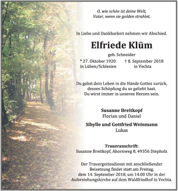 Anzeige von Elfriede Klüm von OM-Medien