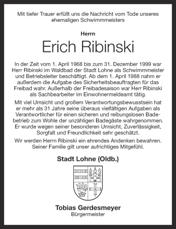 Anzeige von Erich Ribinski von OM-Medien