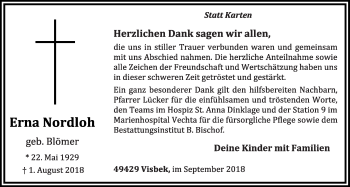 Anzeige von Erna Nordloh von OM-Medien