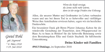 Anzeige von Gretel Pohl von OM-Medien