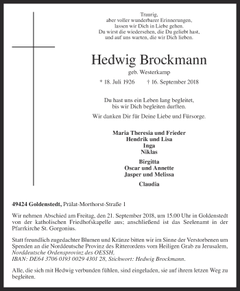 Anzeige von Hedwig Brockmann von OM-Medien