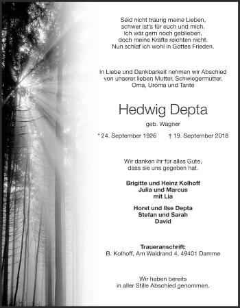 Anzeige von Hedwig Depta von OM-Medien
