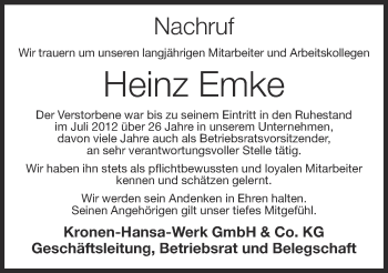 Anzeige von Heinz Emke von OM-Medien