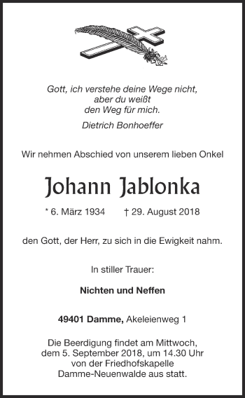 Anzeige von Johann Jablonka von OM-Medien