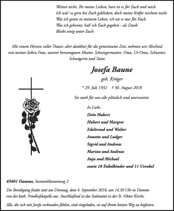 Anzeige von Josefa Baune von OM-Medien