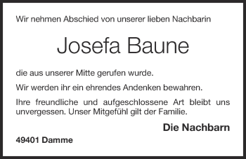Anzeige von Josefa Baune von OM-Medien
