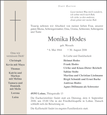 Anzeige von Monika Hodes von OM-Medien