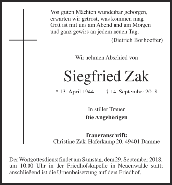 Anzeige von Siegfried Zak von OM-Medien