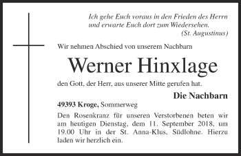 Anzeige von Werner Hinxlage von OM-Medien