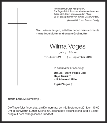 Anzeige von Wilma Voges von OM-Medien