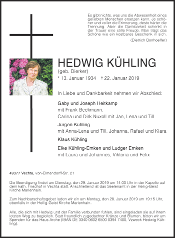 Anzeige von Hedwig Kühling von OM-Medien