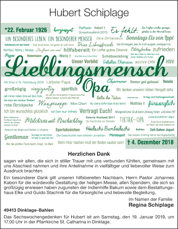 Anzeige von Hubert Schiplage von OM-Medien