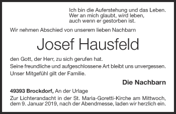 Anzeige von Josef Hausfeld von OM-Medien