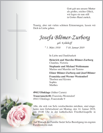 Anzeige von Josefa Blömer-Zurborg von OM-Medien